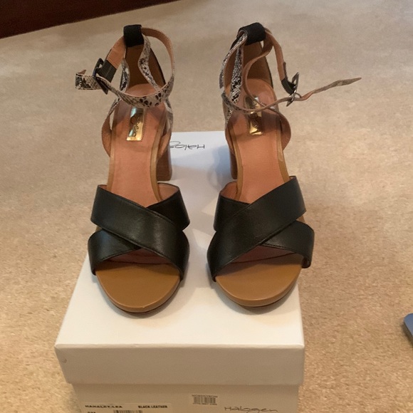 Halogen Hahaley-Lea Block Heel black leather with snake skin print straps - Picture 1 of 7